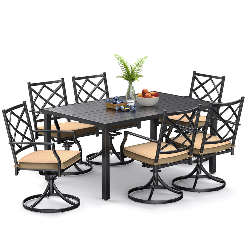 Bigroof 7 Piece Metal Outdoor Patio Dining Sets for 6, Swivel Chairs with Cushion and Steel 60" Rectangle Table with Umbrella Hole