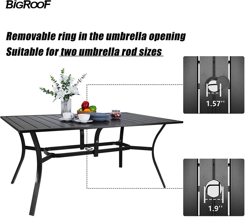 Bigroof 7 Piece Metal Outdoor Patio Dining Sets for 6, Swivel Textilene Fabric Chairs and 63" Classic Rectangle Table with Umbrella Hole