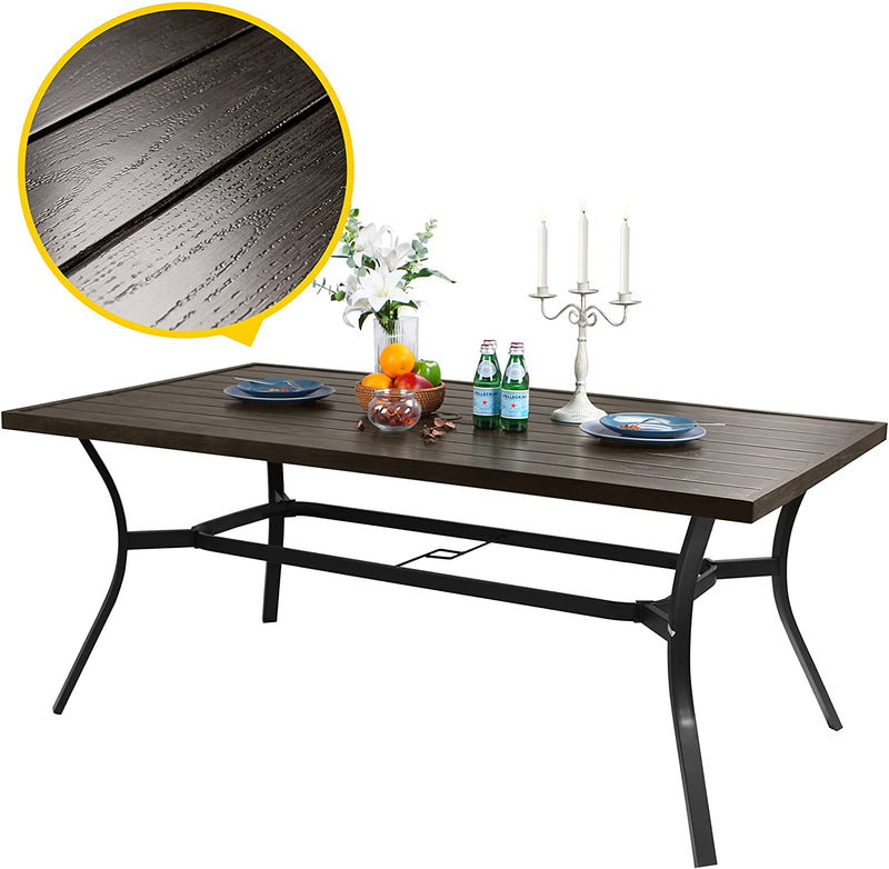 Bigroof Outdoor 68" Patio Metal Steel Classic Rectangle Dining Table Brown Imitation Wood Grain Desktop for Garden, Backyard, Deck