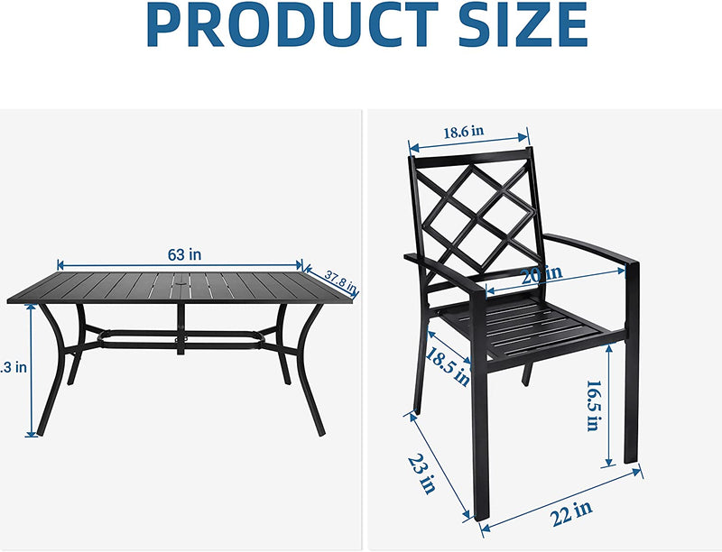 Bigroof 7 Piece Metal Outdoor Patio Dining Sets for 6, Stackable Chairs and 63" Classic Rectangle Table with Umbrella Hole