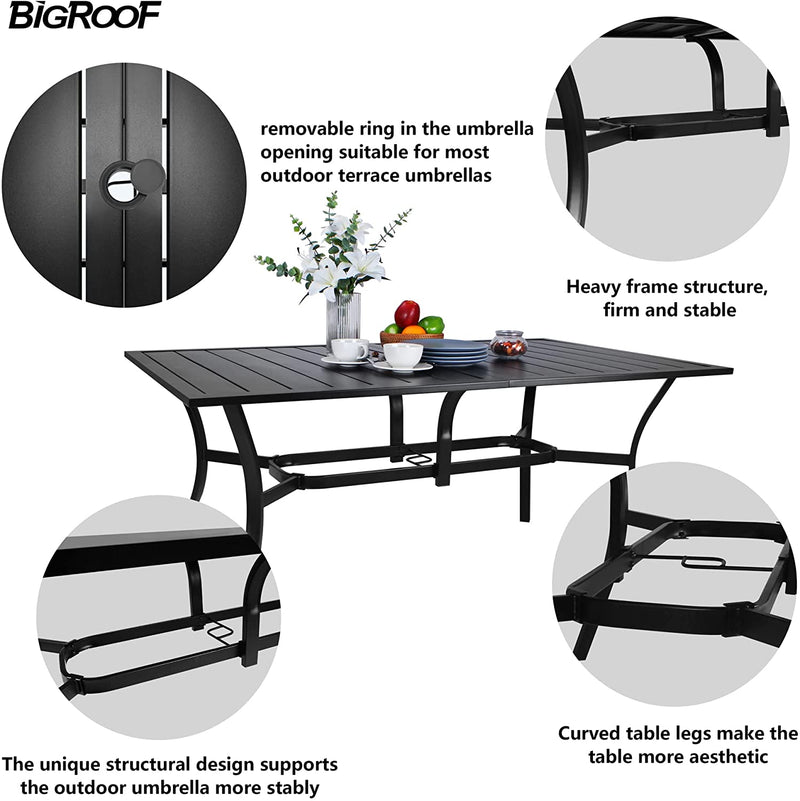 Bigroof 7 Piece Metal Outdoor Patio Dining Sets for 6, Stackable Chairs and 63" Classic Rectangle Table with Umbrella Hole