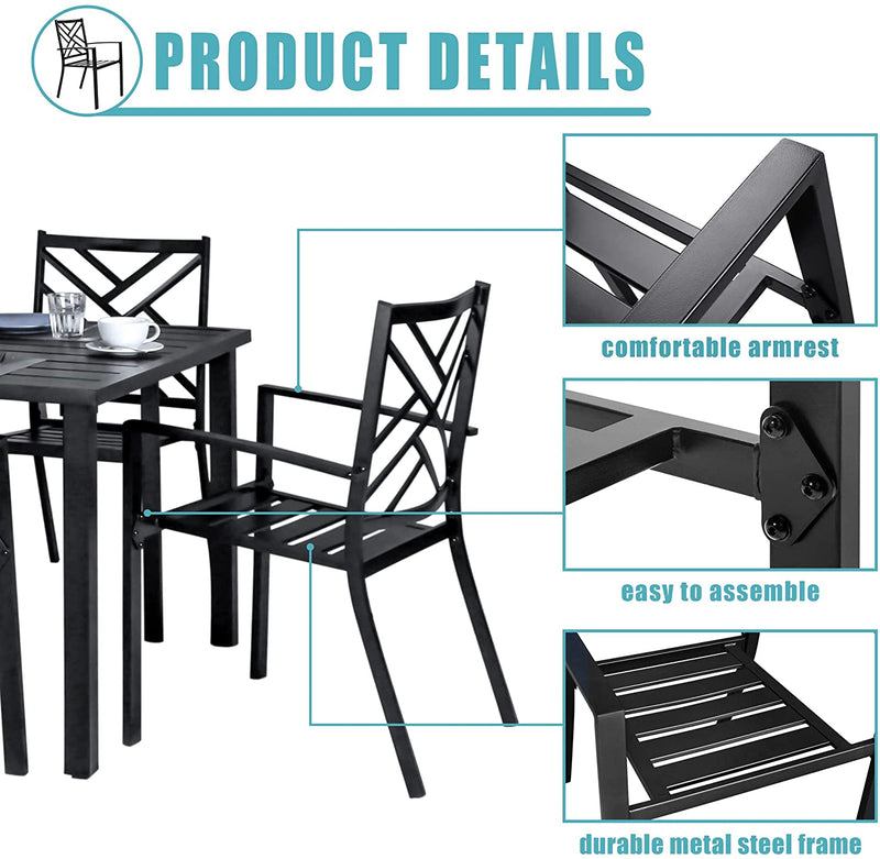 Bigroof 5 Piece Metal Outdoor Patio Dining Sets for 4, Stackable Chairs and Steel 37" Square Table with Umbrella Hole