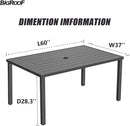 Bigroof Outdoor Table 60" Patio Galvanised Steel Metal Classic Rectangle Black Dining Table with 1.57" Umbrella Hole for Garden, Backyard, Deck