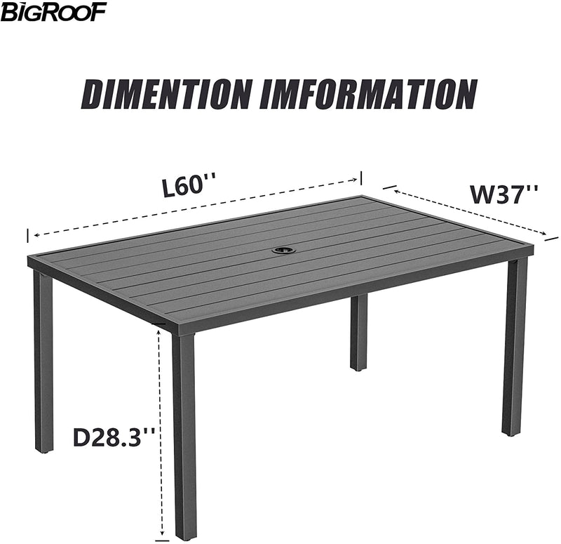 Bigroof Outdoor Table 60" Patio Galvanised Steel Metal Classic Rectangle Black Dining Table with 1.57" Umbrella Hole for Garden, Backyard, Deck