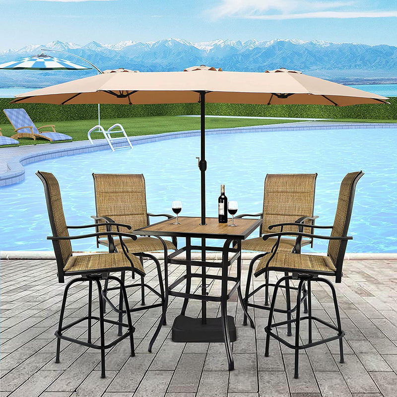 Patio Bar Table And 360° Swivel Stools with High Back and Armrest, Padded Textilene Swivel Chairs with Wook Like Top Table, Outdoor Furniture Set (Table & Chairs) - bigroofus