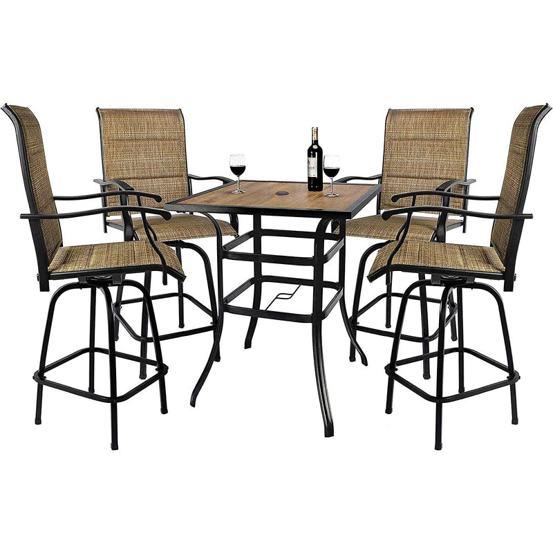 Patio Bar Table And 360° Swivel Stools with High Back and Armrest, Padded Textilene Swivel Chairs with Wook Like Top Table, Outdoor Furniture Set (Table & Chairs) - bigroofus
